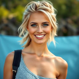 A 35-year-old woman with light blonde hair styled in a relaxed manner, minimal makeup enhancing her natural beauty, athletic physique showcasing her fitness, bright blue eyes that sparkle with warmth, and a sunny smile that radiates positivity