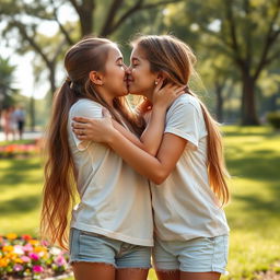 A realistic scene featuring two tween girls hugging affectionately and sharing a kiss, capturing a sweet moment of friendship