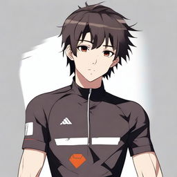 Anime style male character with short black hair and brown eyes, sporting a black cycling jersey.