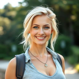 A 35-year-old woman with light blonde hair styled casually, wearing minimal makeup that highlights her natural beauty, exhibiting an athletic physique that showcases her fitness