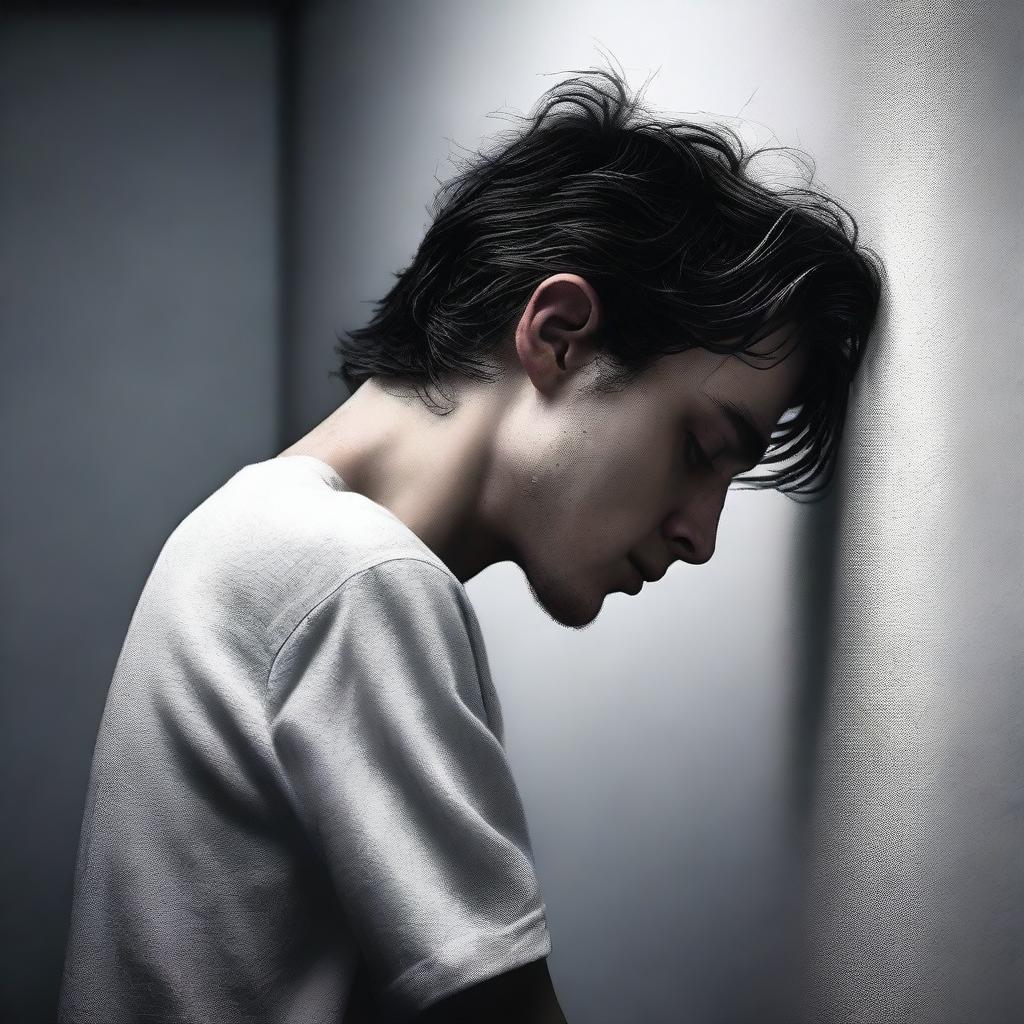 A hyper-realistic, HD digital art image depicting a young man in deep sorrow, leaning against a stark white wall surrounded by darkness