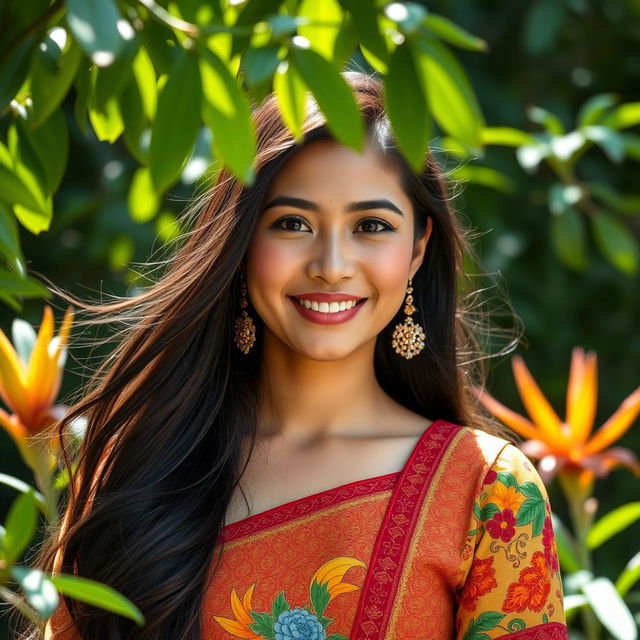 A beautiful Indonesian woman from Binjai, Medan, showcasing her vibrant traditional attire, surrounded by lush green scenery typical of North Sumatra