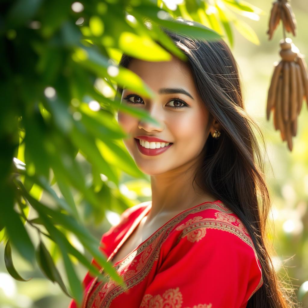 A beautiful Indonesian woman from Binjai, Medan, showcasing her vibrant traditional attire, surrounded by lush green scenery typical of North Sumatra