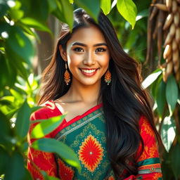 A beautiful Indonesian woman from Binjai, Medan, showcasing her vibrant traditional attire, surrounded by lush green scenery typical of North Sumatra