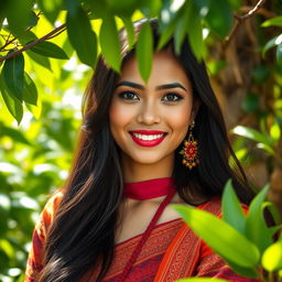 A beautiful Indonesian woman from Binjai, Medan, showcasing her vibrant traditional attire, surrounded by lush green scenery typical of North Sumatra