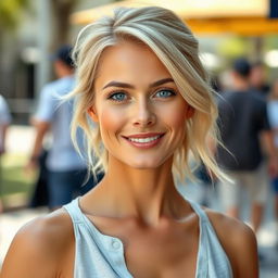 A 35-year-old woman with light blonde hair styled casually, featuring minimal makeup that enhances her natural beauty