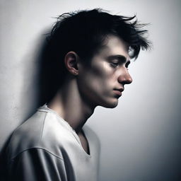 A hyper-realistic, HD digital art image depicting a young man in deep sorrow, leaning against a stark white wall surrounded by darkness