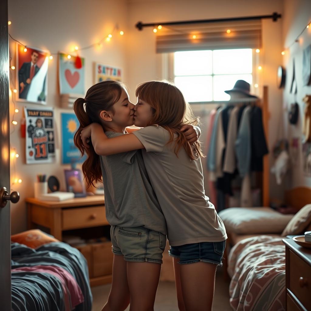 A realistic scene set in a cozy dorm room, where two tween girls are embracing in a warm hug and sharing a gentle kiss