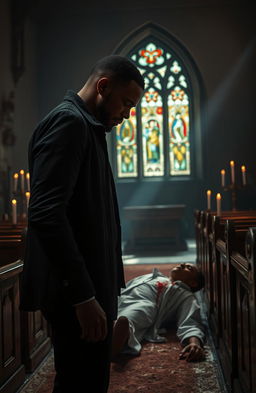 A 34-year-old black man stands solemnly in a dimly lit church, gazing down with a serious expression at a man dressed in blood-stained white clothing lying motionless on the floor