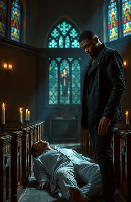 A 34-year-old black man stands solemnly in a dimly lit church, gazing down with a serious expression at a man dressed in blood-stained white clothing lying motionless on the floor
