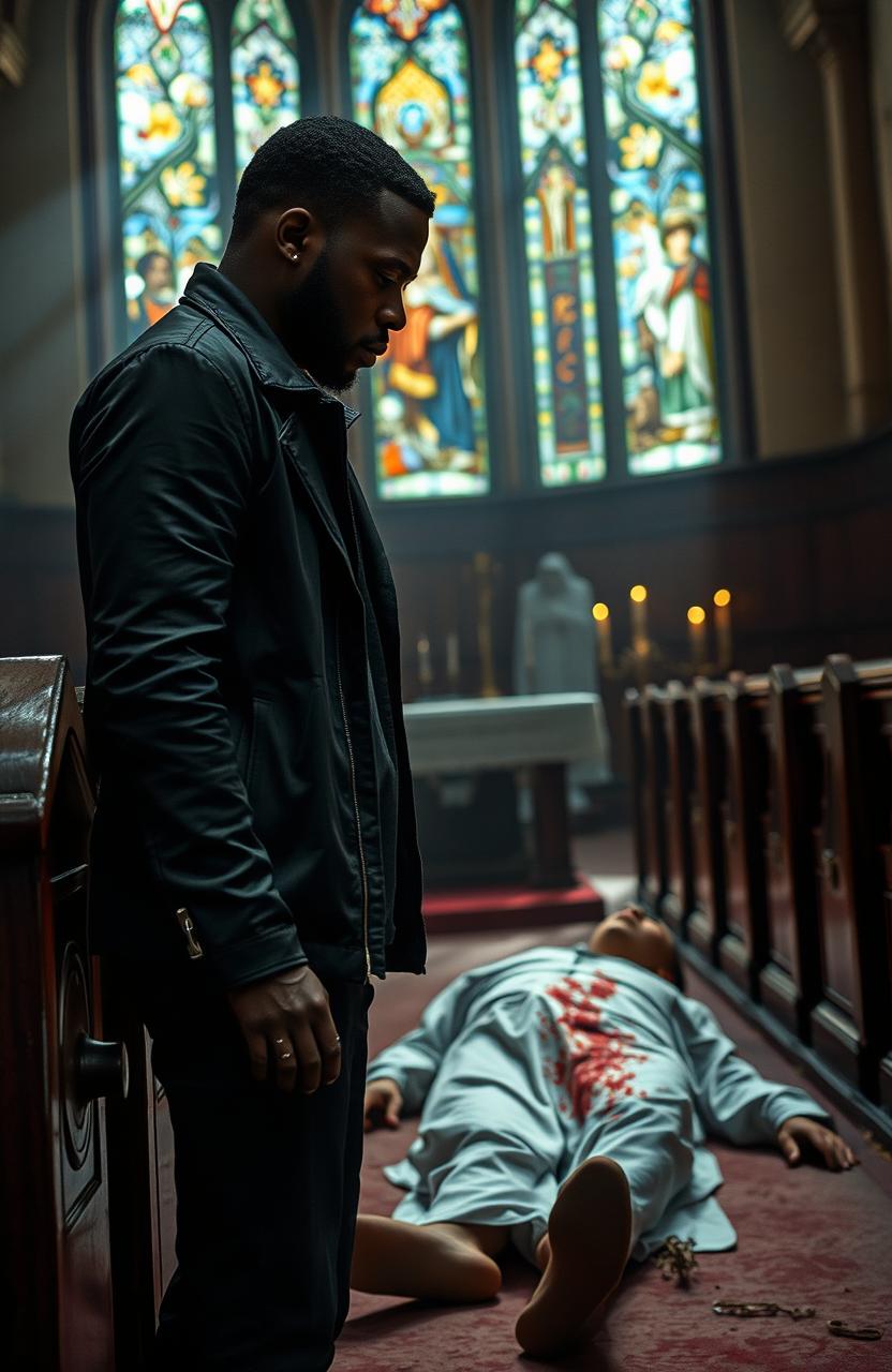 A 34-year-old black man stands solemnly in a dimly lit church, gazing down with a serious expression at a man dressed in blood-stained white clothing lying motionless on the floor