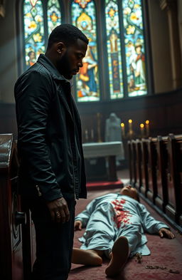 A 34-year-old black man stands solemnly in a dimly lit church, gazing down with a serious expression at a man dressed in blood-stained white clothing lying motionless on the floor