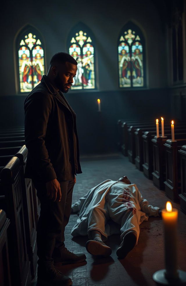 A 34-year-old black man stands solemnly in a dimly lit church, gazing down with a serious expression at a man dressed in blood-stained white clothing lying motionless on the floor