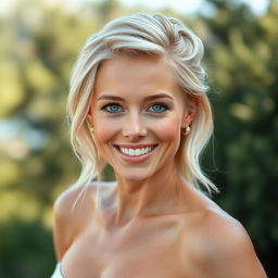 A 35-year-old woman with light blonde hair styled elegantly, featuring minimal makeup that accentuates her natural beauty