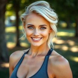 A 35-year-old woman with light blonde hair styled elegantly, featuring minimal makeup that accentuates her natural beauty