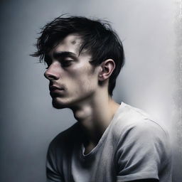 A hyper-realistic, HD digital art image depicting a young man in deep sorrow, leaning against a stark white wall surrounded by darkness