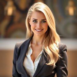 A 35-year-old woman with light blonde hair styled elegantly, featuring minimal makeup that enhances her natural beauty