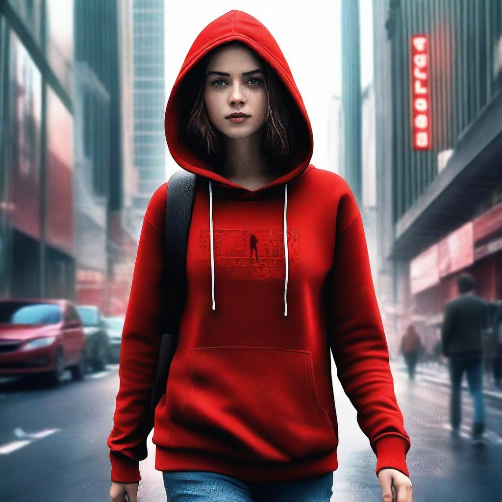 A digitally-rendered movie poster featuring a girl in a red hoodie walking down a city street