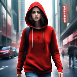 A digitally-rendered movie poster featuring a girl in a red hoodie walking down a city street