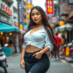 A stunning and attractive Indonesian woman from Binjai, Medan, with a voluptuous figure and prominent curves, dressed in a chic outfit that blends her cultural background and Korean fashion influences