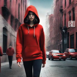 A digitally-rendered movie poster featuring a girl in a red hoodie walking down a city street