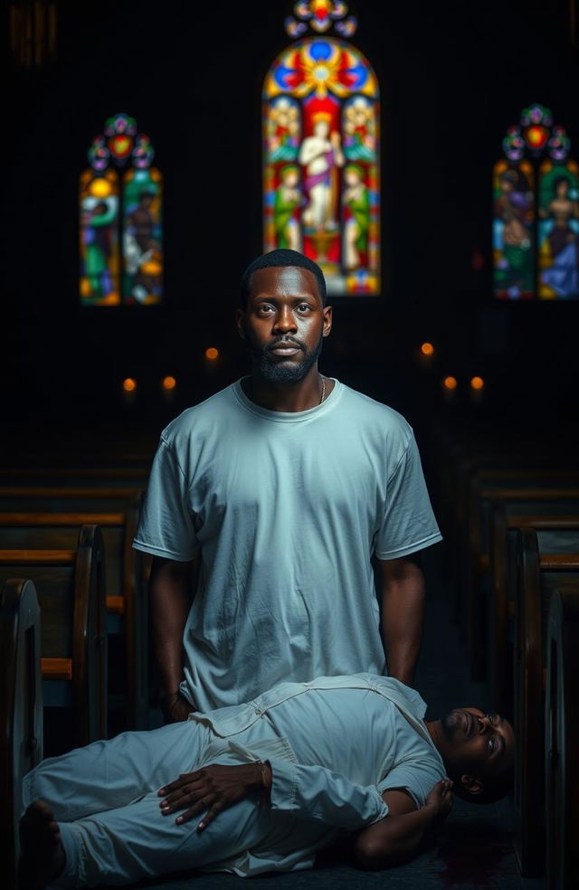 A dramatic scene in a dimly lit church, featuring a 34-year-old Black man wearing a plain white T-shirt, standing with a concerned expression