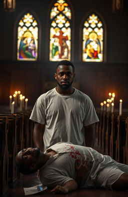 A dramatic scene in a dimly lit church, featuring a 34-year-old Black man wearing a plain white T-shirt, standing with a concerned expression