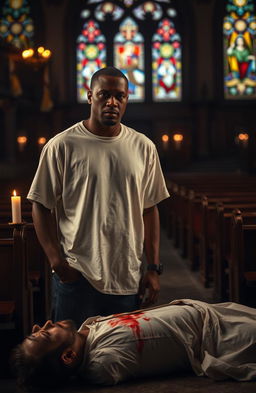 A dramatic scene in a dimly lit church, featuring a 34-year-old Black man wearing a plain white T-shirt, standing with a concerned expression
