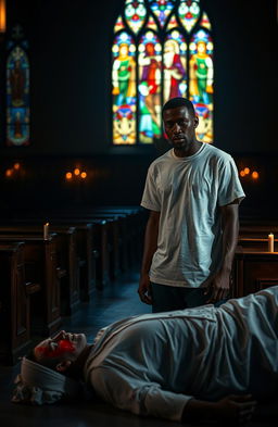 A dramatic scene in a dimly lit church, featuring a 34-year-old Black man wearing a plain white T-shirt, standing with a concerned expression