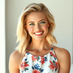 A 35-year-old woman with light blonde hair styled elegantly, featuring minimal makeup that highlights her natural beauty