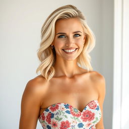 A 35-year-old woman with light blonde hair styled elegantly, featuring minimal makeup that highlights her natural beauty