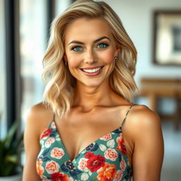 A 35-year-old woman with light blonde hair styled elegantly, featuring minimal makeup that highlights her natural beauty