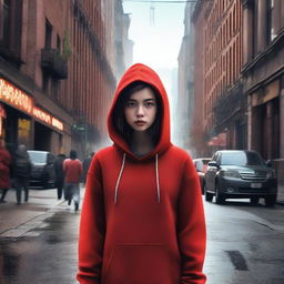 A digitally-rendered movie poster featuring a girl in a red hoodie walking down a city street