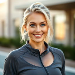 A 35-year-old woman with light blonde hair styled casually, featuring minimal makeup that emphasizes her radiant natural beauty