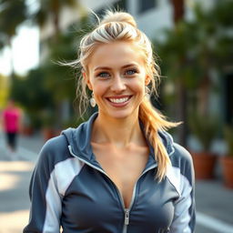 A 35-year-old woman with light blonde hair styled casually, featuring minimal makeup that emphasizes her radiant natural beauty