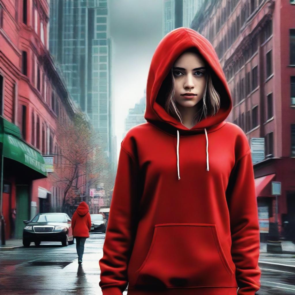 A digitally-rendered movie poster featuring a girl in a red hoodie walking down a city street