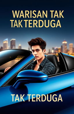 A novel cover design titled 'Warisan Tak Terduga', featuring a young man in a sleek sports car