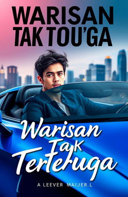 A novel cover design titled 'Warisan Tak Terduga', featuring a young man in a sleek sports car
