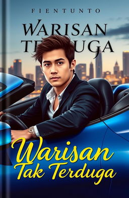 A novel cover design titled 'Warisan Tak Terduga', featuring a young man in a sleek sports car