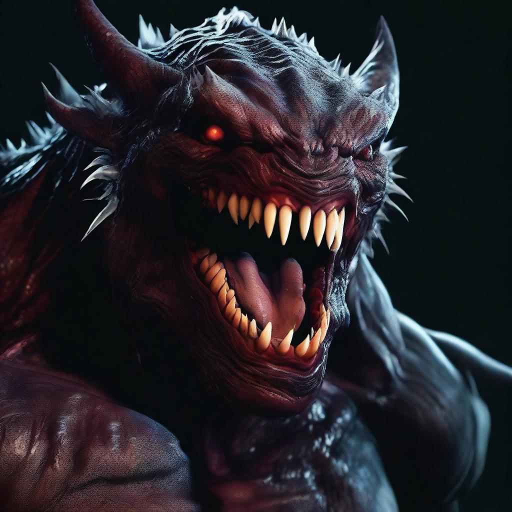 A hyper-realistic, HD digital art image depicting a terrifying, angry monster with sharp fangs, surrounded by darkness