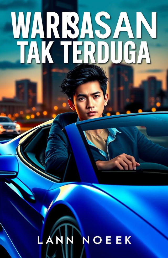 A novel cover design titled 'Warisan Tak Terduga', featuring a young man in a sleek sports car