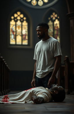 A 34-year-old black man wearing a plain white T-shirt stands in a dimly lit church, looking intently at another black man who is dressed in a blood-stained white priest's soutane, lying on the floor
