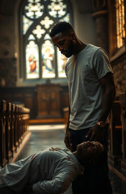 A 34-year-old black man wearing a plain white T-shirt stands in a dimly lit church, looking intently at another black man who is dressed in a blood-stained white priest's soutane, lying on the floor