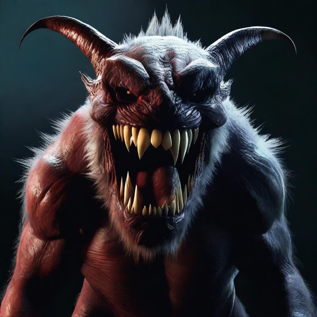 A hyper-realistic, HD digital art image depicting a terrifying, angry monster with sharp fangs, surrounded by darkness