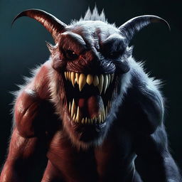 A hyper-realistic, HD digital art image depicting a terrifying, angry monster with sharp fangs, surrounded by darkness