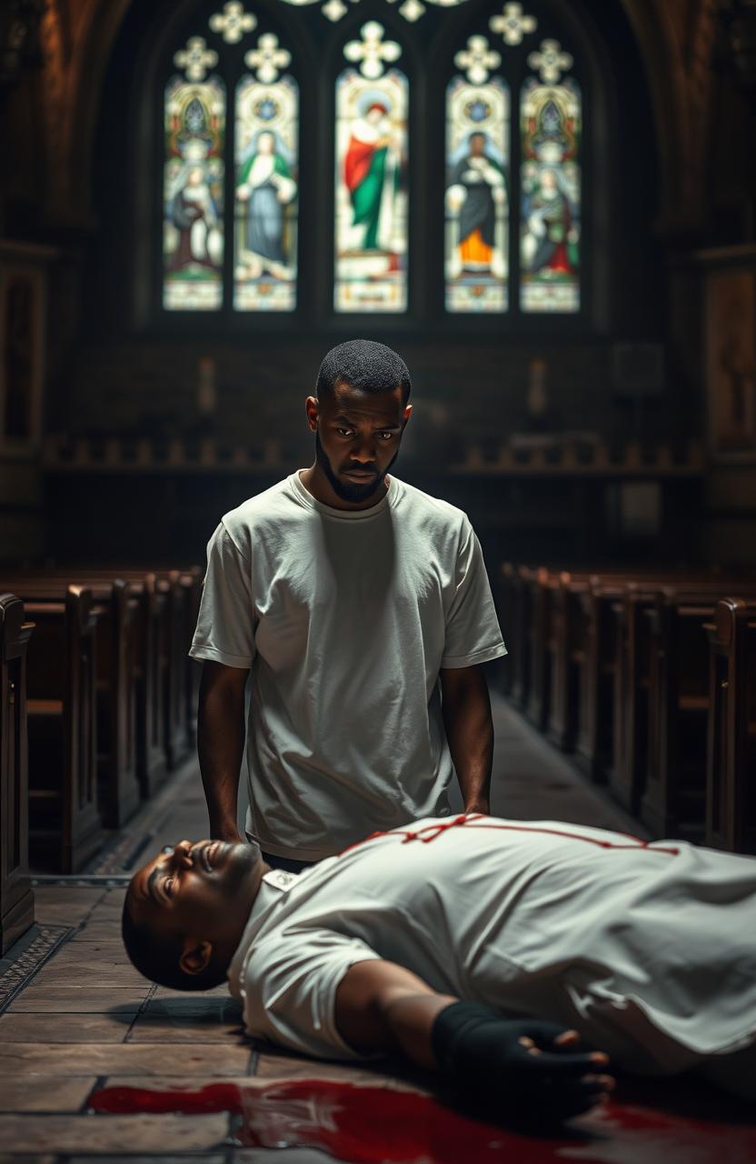 A 34-year-old black man wearing a plain white T-shirt stands in a dimly lit church, looking intently at another black man who is dressed in a blood-stained white priest's soutane, lying on the floor