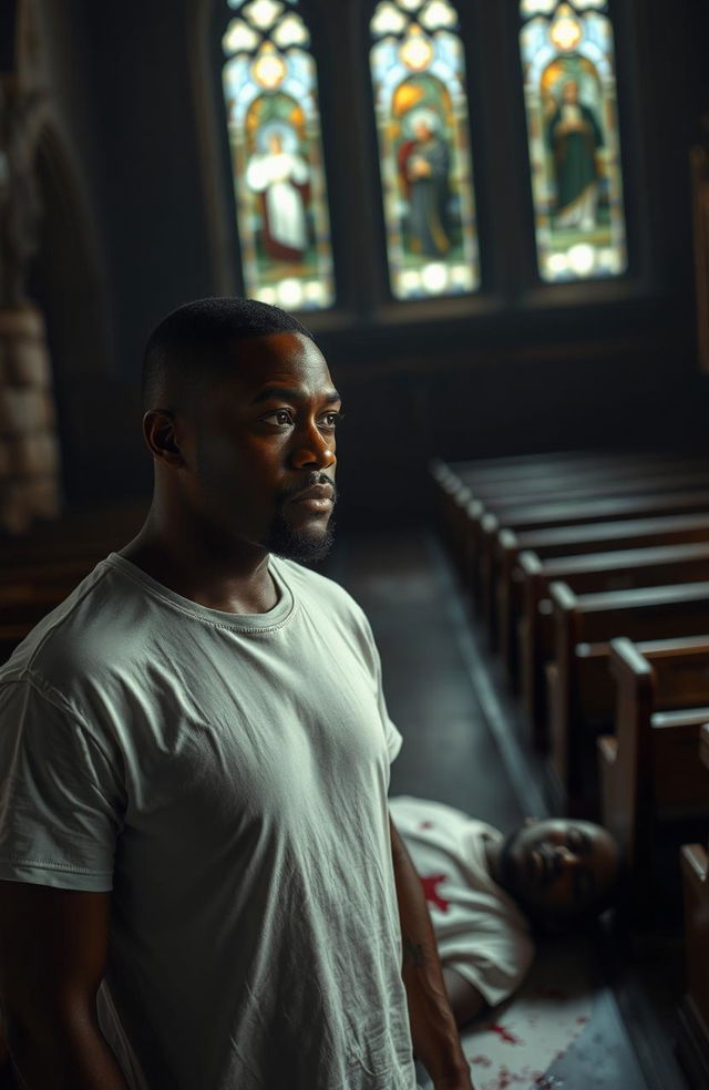 A 34-year-old black man wearing a plain white T-shirt stands in a dimly lit church, looking intently at another black man who is dressed in a blood-stained white priest's soutane, lying on the floor