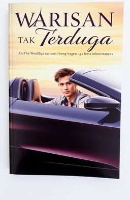 A striking novel cover for "Warisan Tak Terduga" featuring a young man with an expression of determination and ambition, sitting confidently in a sleek, modern sports car