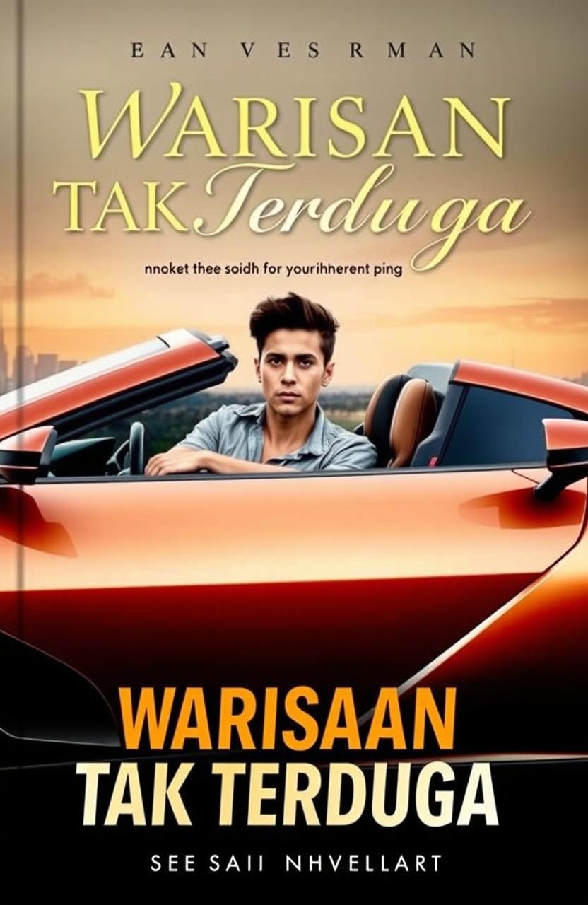 A striking novel cover for "Warisan Tak Terduga" featuring a young man with an expression of determination and ambition, sitting confidently in a sleek, modern sports car