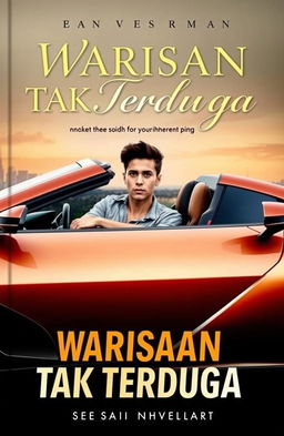 A striking novel cover for "Warisan Tak Terduga" featuring a young man with an expression of determination and ambition, sitting confidently in a sleek, modern sports car